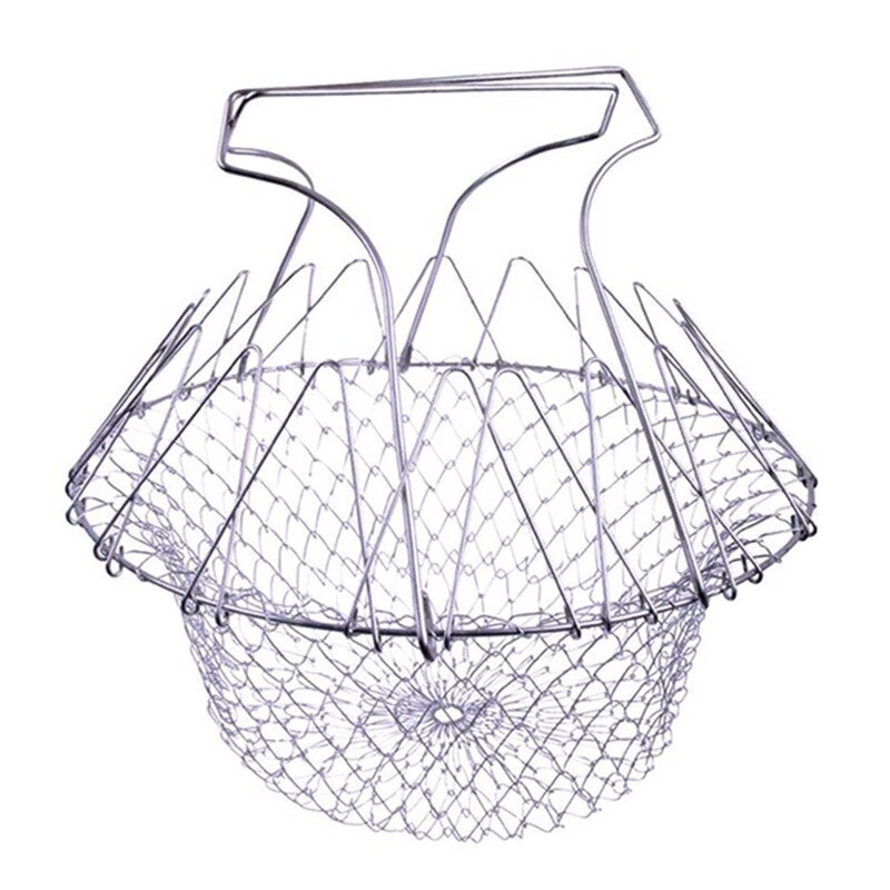 Foldable Stainless Steel Deep Fry Basket Steam Rinse Strain Fry Basket Strainer Net Kitchen Utensil Gadget Telescopic Fry Basket