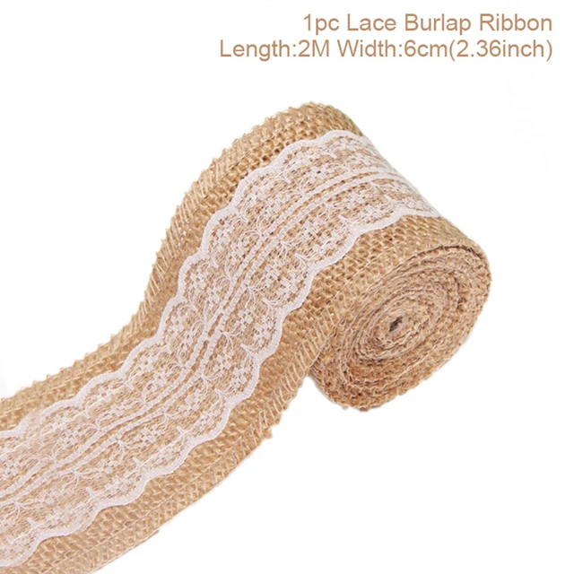 Cinta de encaje de arpillera de yute Natural de 2 metros y 5cm con borde de encaje blanco, decoración rústica de boda para boda, cintas artesanales con lazo DIY: Opaco