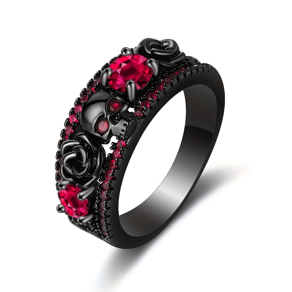 Punky Style Ring Horror Skull & Rose Paved Shining Zirconia Suitable for Men and Women Rings: 9 / Red