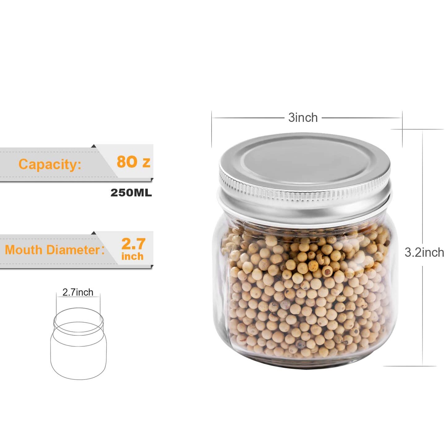 Mason Jars With Silver Lids Canning Jars| Storage Pickling Jars For Jelly, Jam, Honey, Pickles - Spice Glass Jars