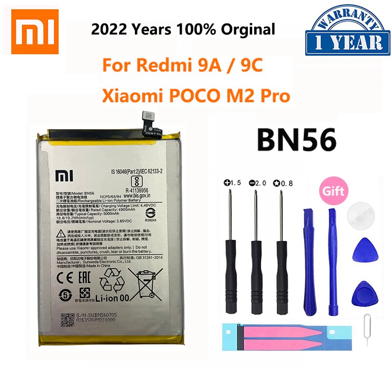 100%  alkuperäistä xiao mi  bn56 5000 mah puhelimen akkua xiaomi pocolle  m2 pro redmi 9a 9c vaihtoakkua bateria