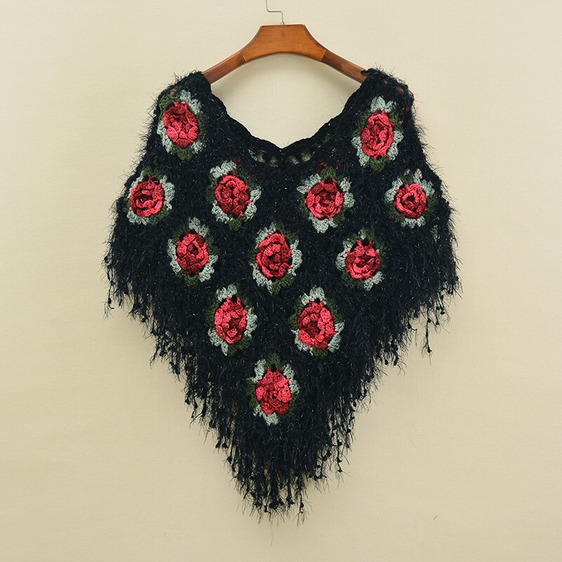 Herfst Winter Vrouwen Poncho Cape Handgemaakte Gehaakte Hollowout Lady Trui Wrap Sjaals Kwastje Mode Feme Cape: Black