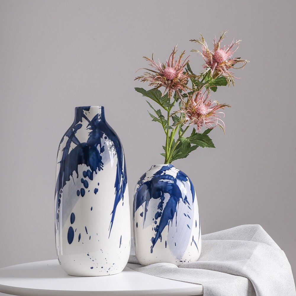 Teresa's Collecties 2Pcs Keramische Vazen Blauw Wit Chinese Vazen Aquarel Geglazuurd Decoratieve Bloempot Thuis Desktop Decor