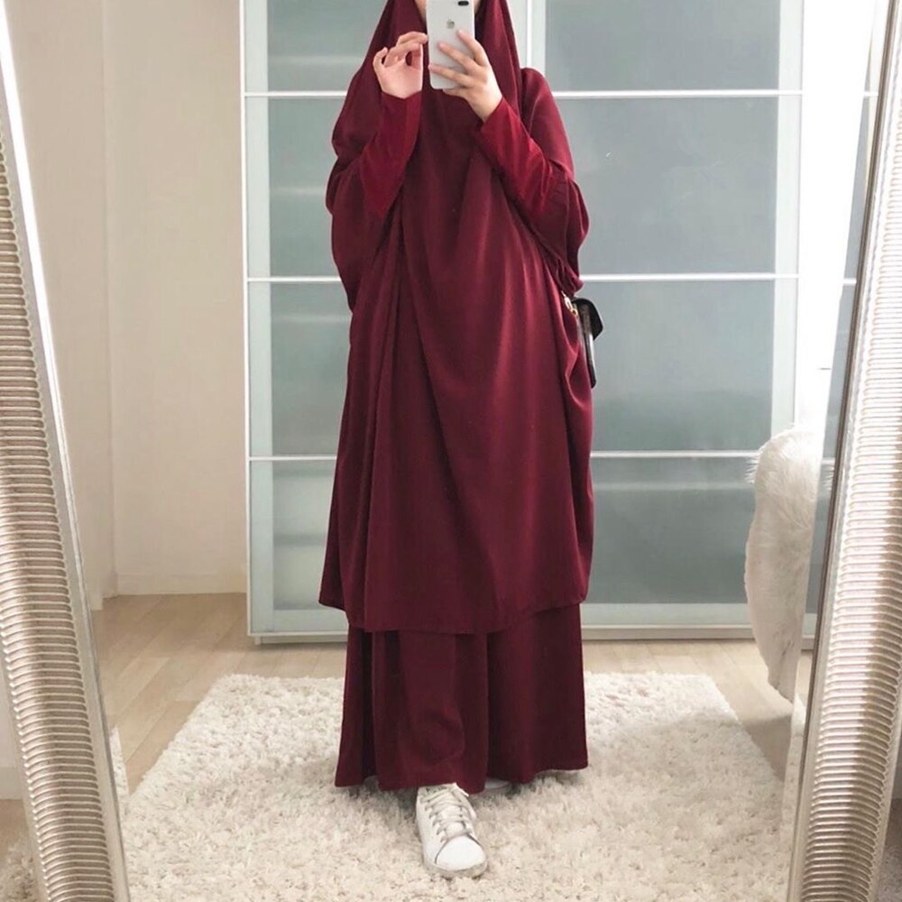 Ramadan Eid Frauen Gebet Bekleidungs Muslimischen einstellen 2 Stück Passenden Outfit Mit Kapuze Khimar Hijab Lange Felsen Abaya Islam Saudi Kleidung