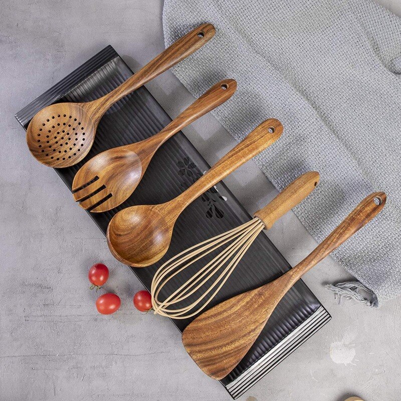 Ustensiles en bois pour cuisine, cuillères en bois pour la cuisson spatule en bois cuillère drainante fouet et fourchette à salade, ustensile de cuisine