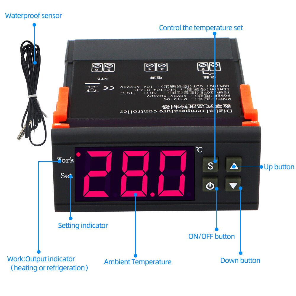 Controlador de temperatura MH1210W DC12V DC24V, termómetro de AC110-220V, termostato termorregulador-50 ~ 110 C, Sensor NTC para incubadora