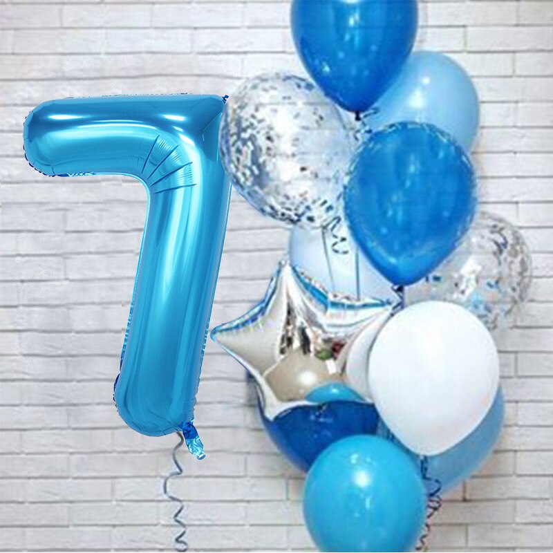 PartyLab 12Pcs/set Number Foil Latex Blue Balloons for Kids Birthday Decoration 1st One Year Birthday Boy Decor Baby Balloon: Number7 set