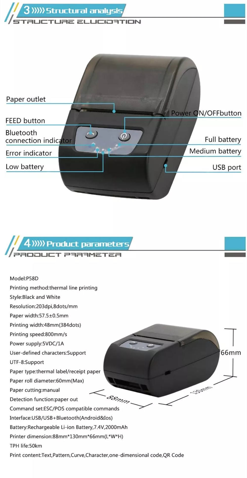 bluetooth label thermal printer 58mm 2 inch barcode thermal printer portable wireless ios android USB PC bar code printer pocket