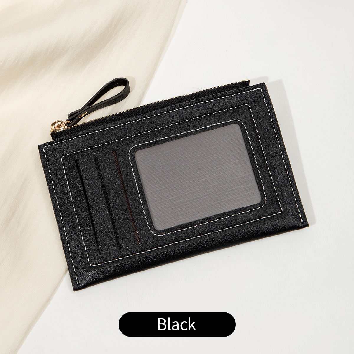 Minimalist ultra-thin coin wallet fashionable and portable PU leather wallet multifunctional credit card clip zipper card holder: black