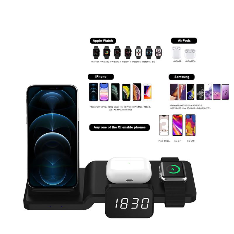 5 in 1 Multi Wireless fast Charger Stand Alarm Clock for iphone Samsung table clocks home decor
