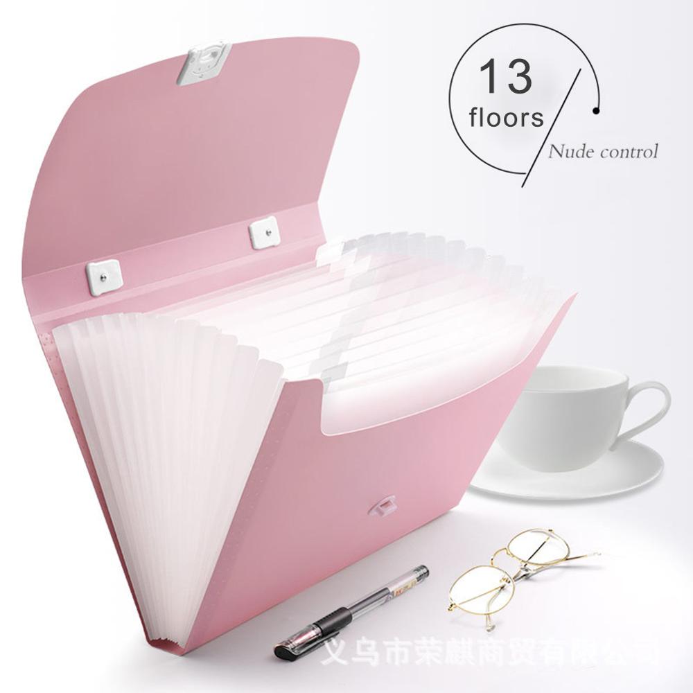 13 Grids Office Document Folder A4 size Paper File Storege Folder Organ Box Bag Handheld Student Test paper Orangizer Bag: Pink