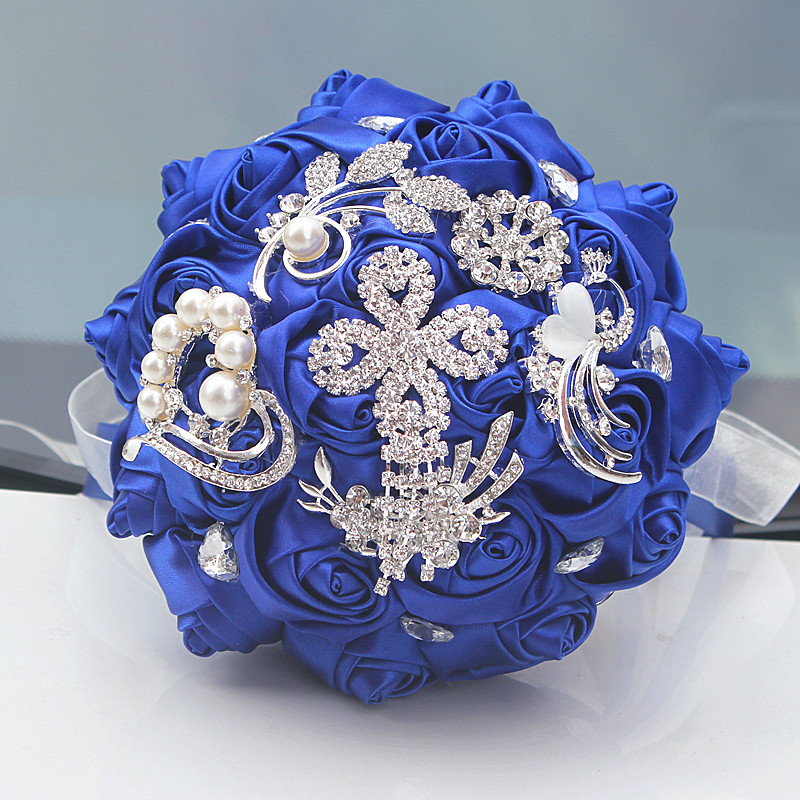 8 Styles 15cm Jewelry Beaded Wedding Flower Bridal Bridesmaid Bouquets Royal Blue Ribbon Bouquets Diamond Brooch Bouquet Small: W235 Royal blue