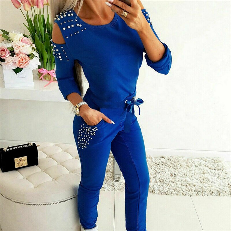 Autumn Tracksuit Set Women Long Sleeve Pearl Sweatshirts &Sweatpants Two Piece Set Casual matching sets Streetwear: Blue / M