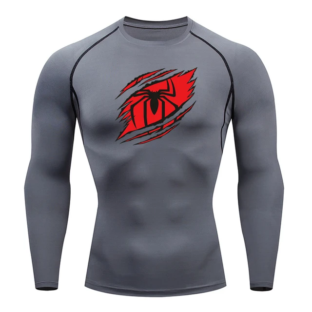 Y2K GYM Compression Tshirts Sport Workout Spider Print T-shirts Mens Running Fitness Tight Long Sleeve Sportswear Top Tee: XXL / GRAY