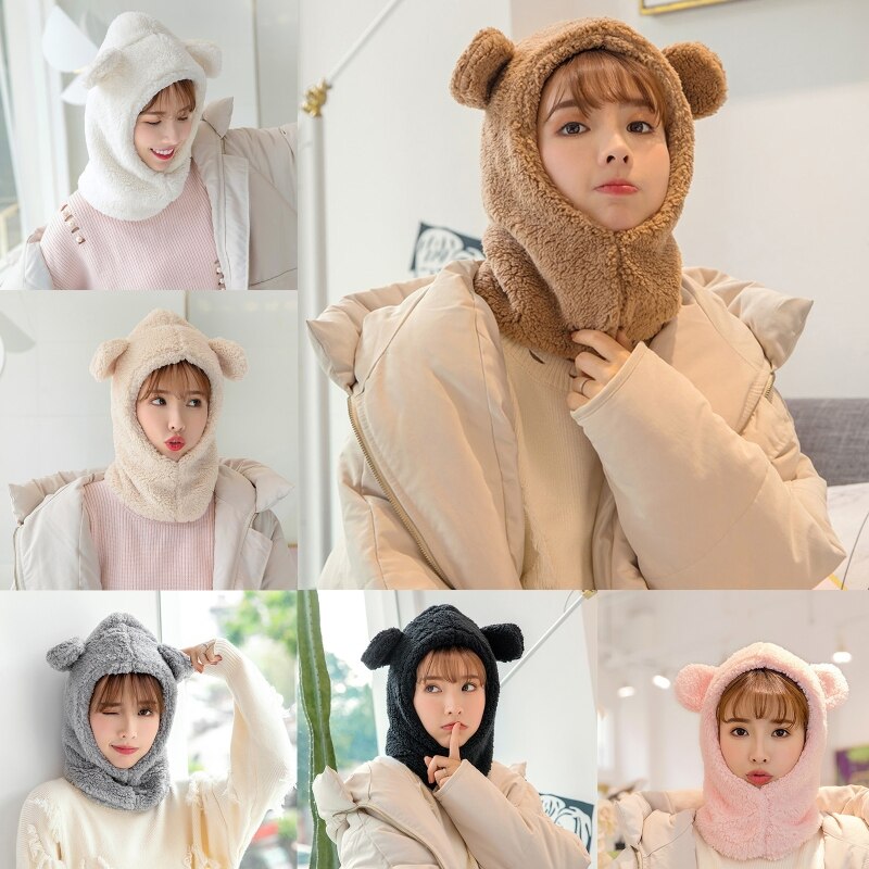 Vrouwen winter pluche warme capuchon muts sjaal schattige cartoon berenoren effen kleur thermische winddichte oorklep muts nekwarmer