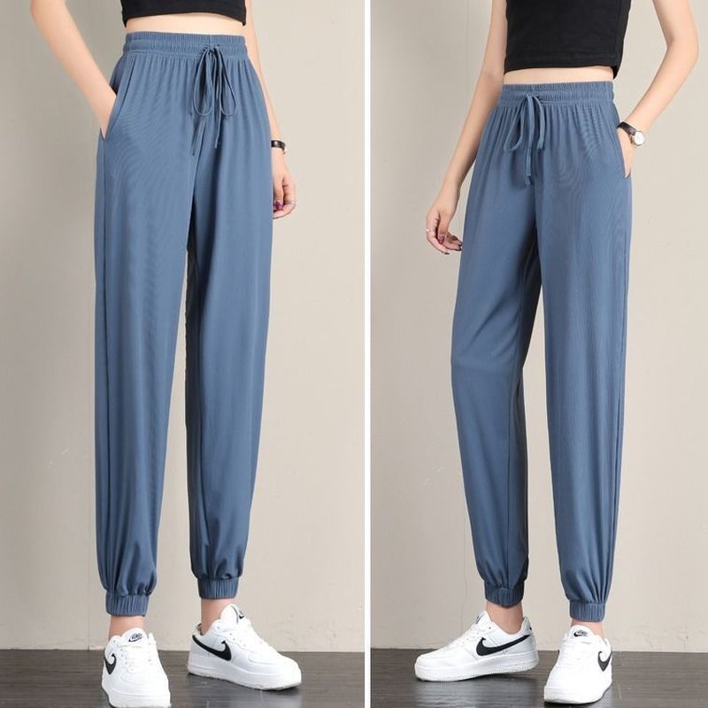 Zomer Vrouwen Sport Broek Ice Zijde Effen Cool Loszittende Dunne Casual Broek Draperen Afslanken Grote-Size breed-Been Bloeiers