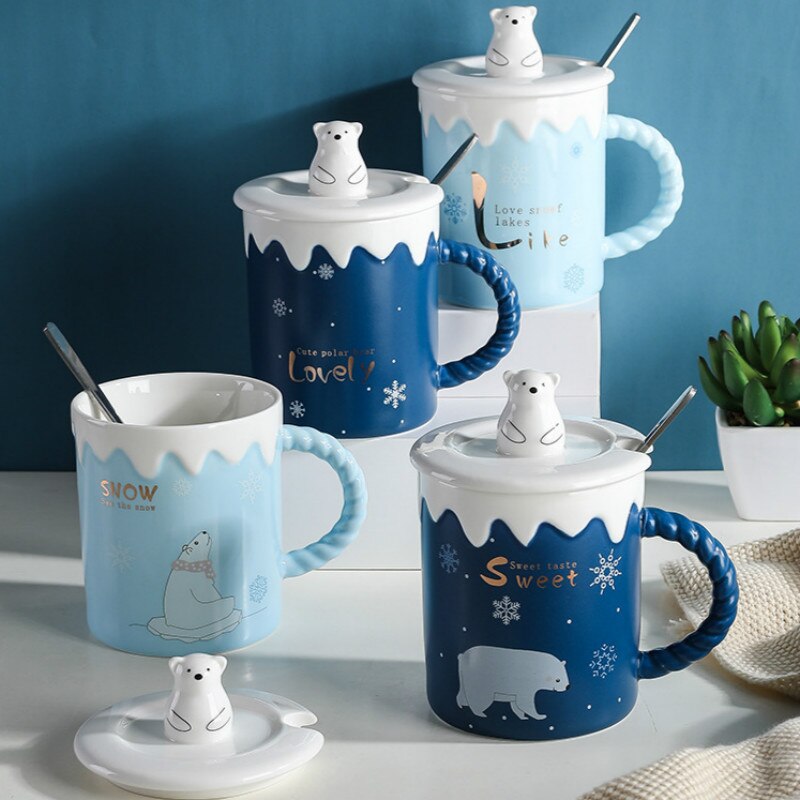 Leuke Ijsbeer Keramische Mok Met Deksel Lepel Koffie Cups Drinkware Koffie Thee Kopjes Student Melk Cup