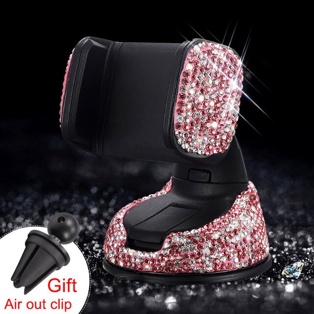 Multifunctional crystal diamond car phone frame, universal instrument panel, phone frame, air hole clip, fixed auto parts: Pink