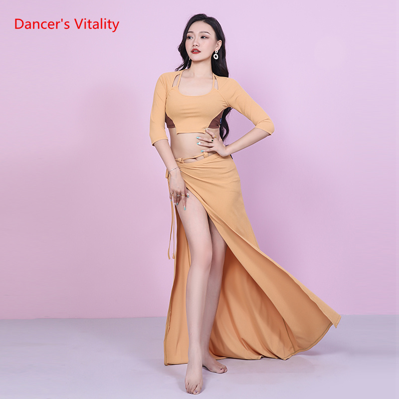 Ensemble de danse du ventre pour femmes, tenue de danse orientale, demi manches, haut + longue jupe fendue, 2 pièces