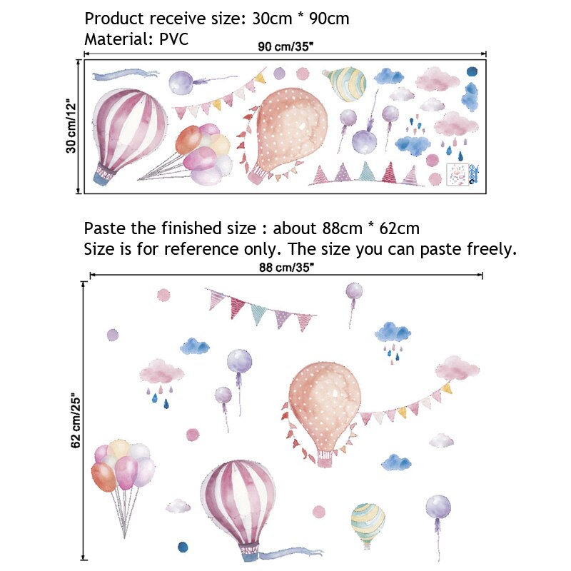 Decotia Grote muurtattoos, ballonnen, ballon, luchtschip, aquarel, muursticker voor kinderkamer, muursticker, wanddecoratie (L