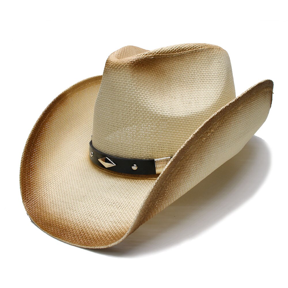 Retrostil dam herr sommar halm bred brätte strand cowboy western cowgirl fedora hatt diamantform läderband 58cm