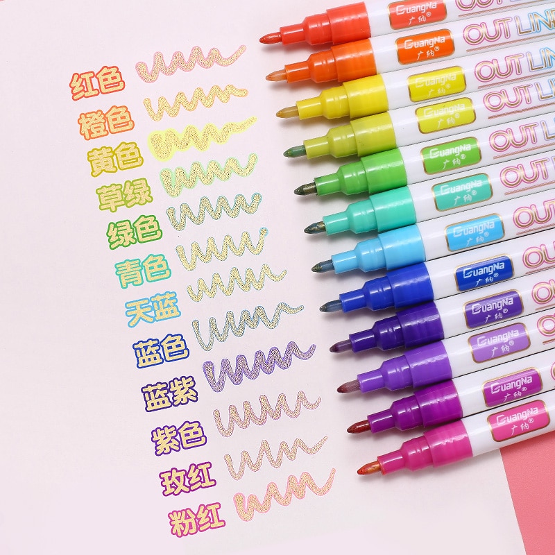 Rotuladores artísticos de doble línea dorados de 12 colores, rotuladores de dibujo de Arte de papelería para caligrafía, rotuladores de Color para álbum de recortes