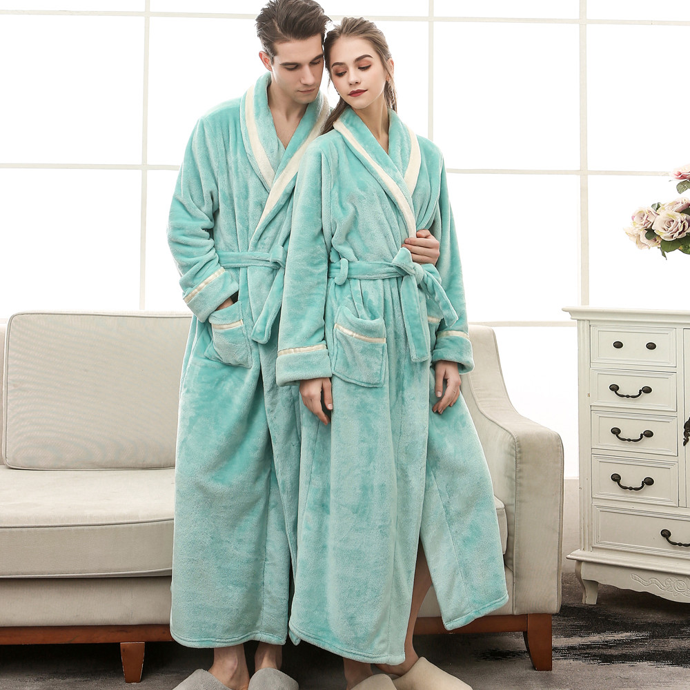 Winter Couples Pajamas Women's Winter Lengthened Bathrobe Splicing Home Clothes Long Sleeved Robe Coat Bath Robe