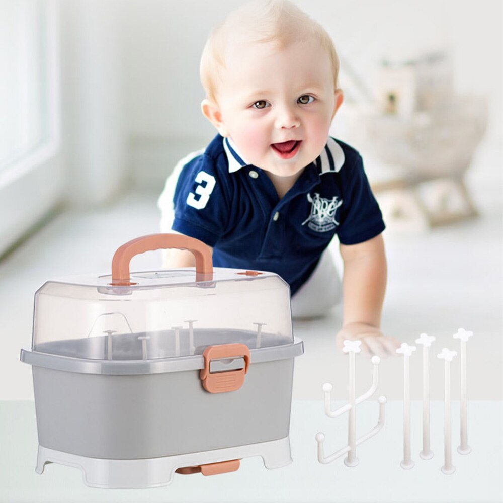 Spædbarnsflaskeholder tørrestativ organiser beskytte mod bugs støv bærbart køkkenskabsarrangør med dækslet, holdbart