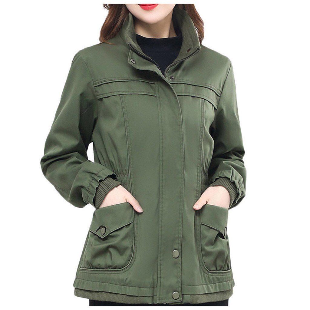 Solid Green Women Long Sleeve Jacket Windbreaker Parka Pockets Cardigan Coat Autumn Outwear Women Clothes#G30: Green / XXXL