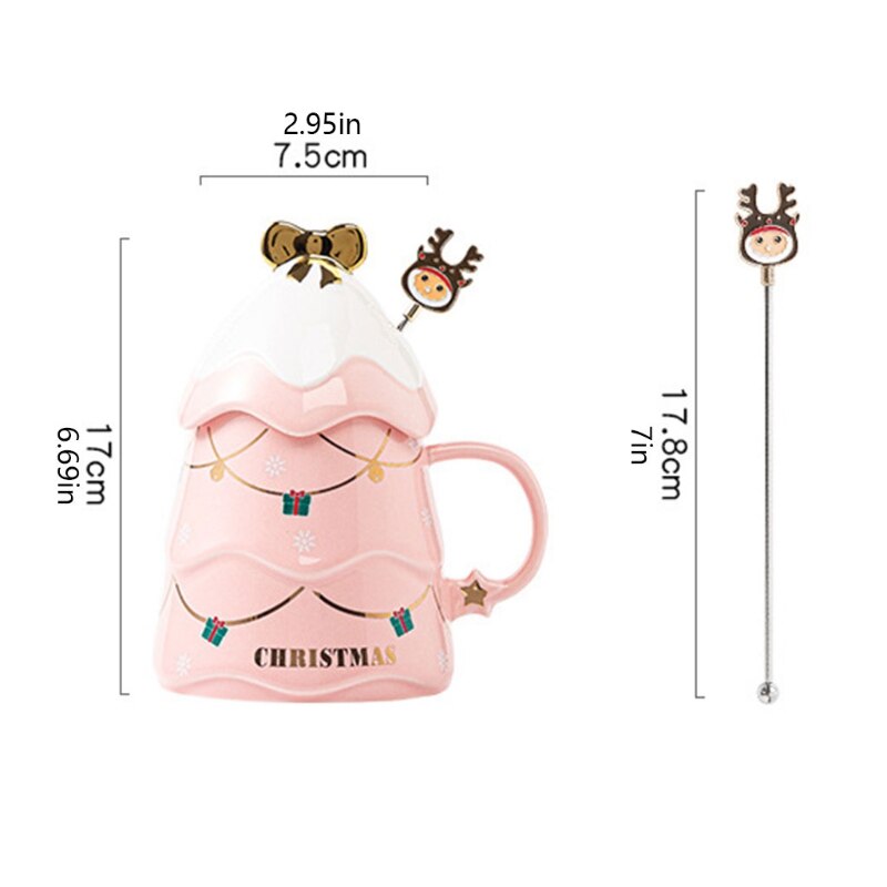 500ML Christmas Tree Shaped Tea Cups Milk Mugs Coffee Cups with Lids Funny Mugs Ceramic Material Cups 4 Colors to Choose