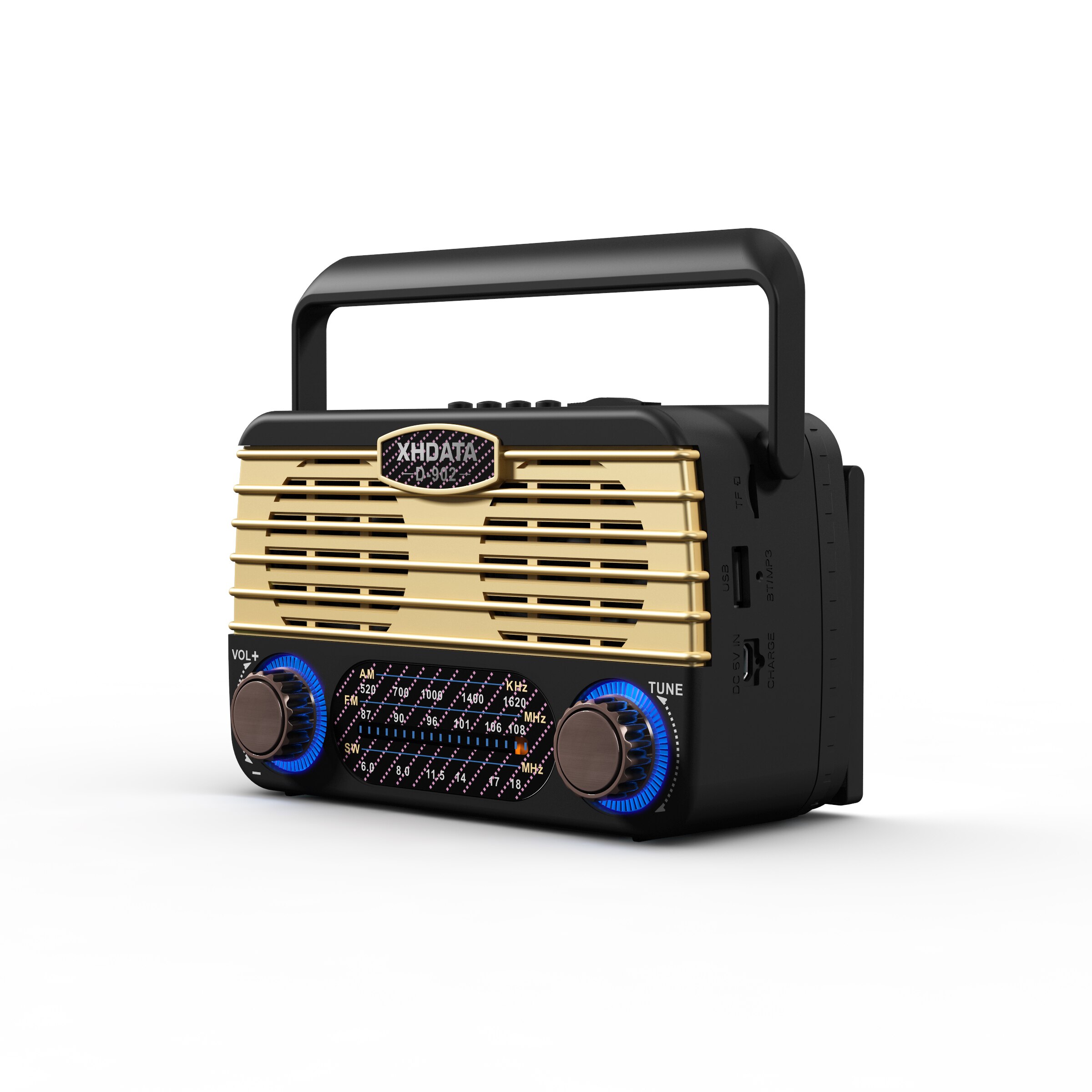 XHDATA – Radio Portable D-902 AM FM SW, compatible Bluetooth, Radio solaire rétro, récepteur USB carte TF, lecteur MP3 de musique stéréo