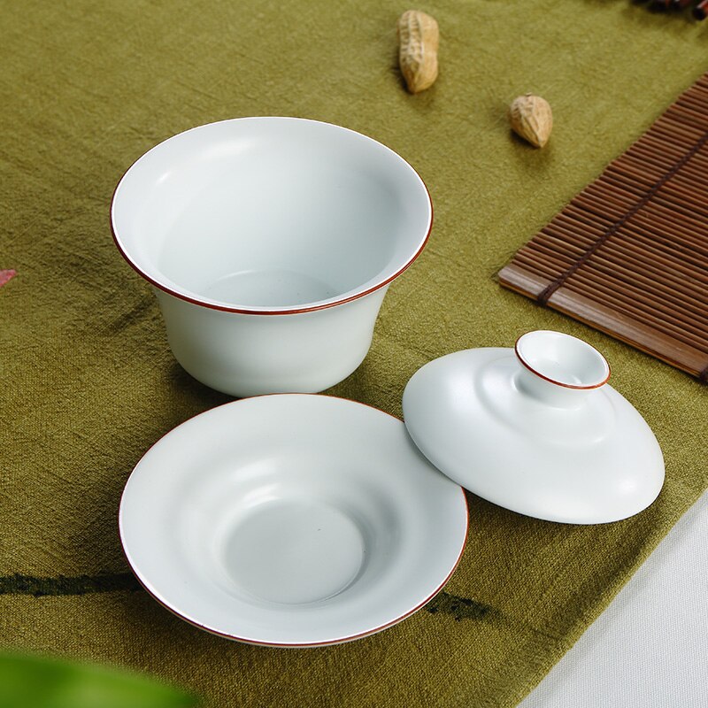 Jingdezhen Ding four mat blanc Browm jante en céramique blanche Gaiwan Gongfu thé brassage tasse avec couvercle Jingdezhen Gaiwan 160ml