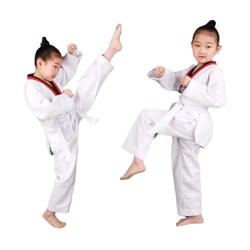 Uniformes de Taekwondo WTF para niños, Blanca para ropa de entrenamiento Karate, Judo, Taekwondo, Dobok, manga corta y larga, Unisex