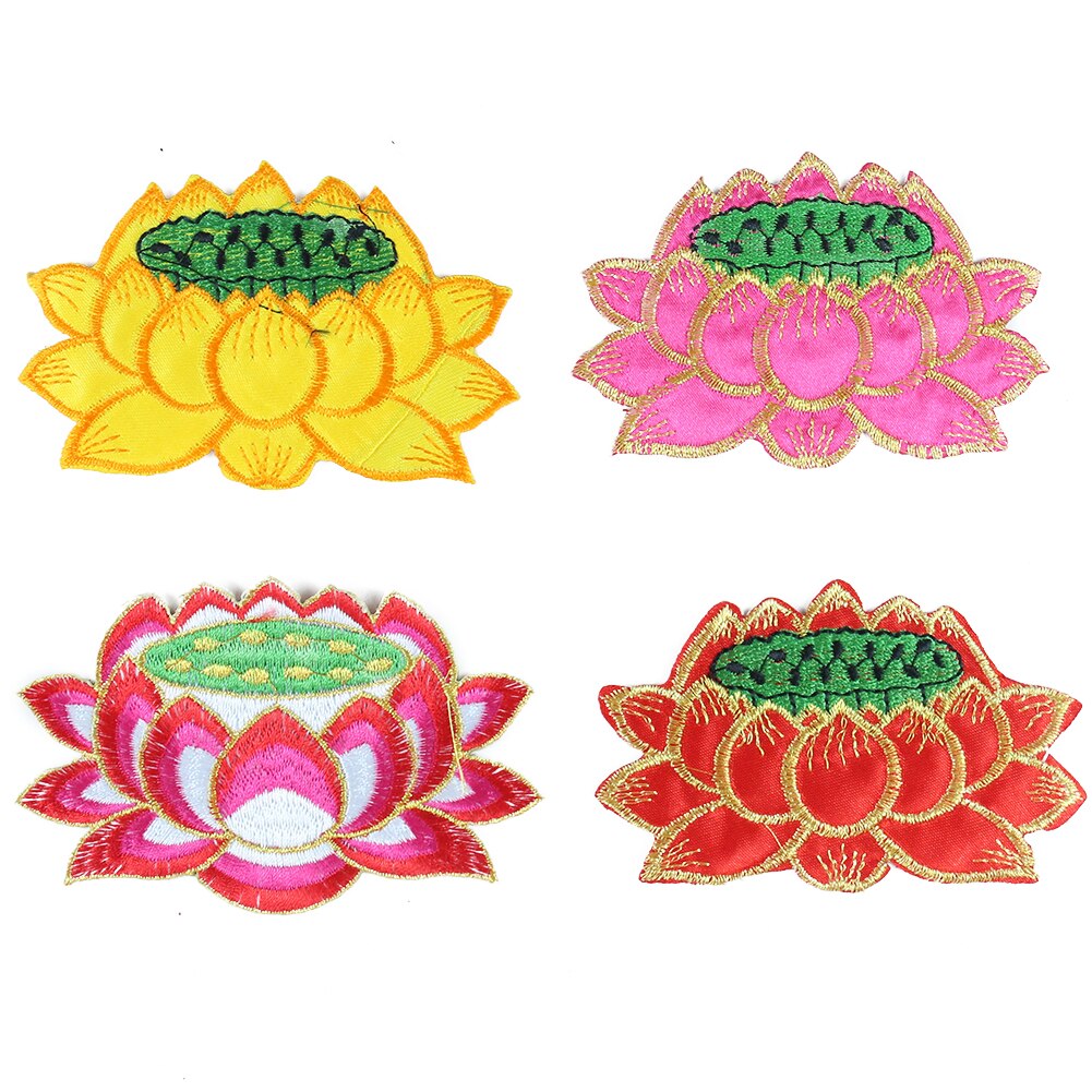 1 PCS Lotus Flower Embroidered Iron on Patches for Clothing DIY Stripes Clothes Patchwork Sticker Custom Flowers Applique badge