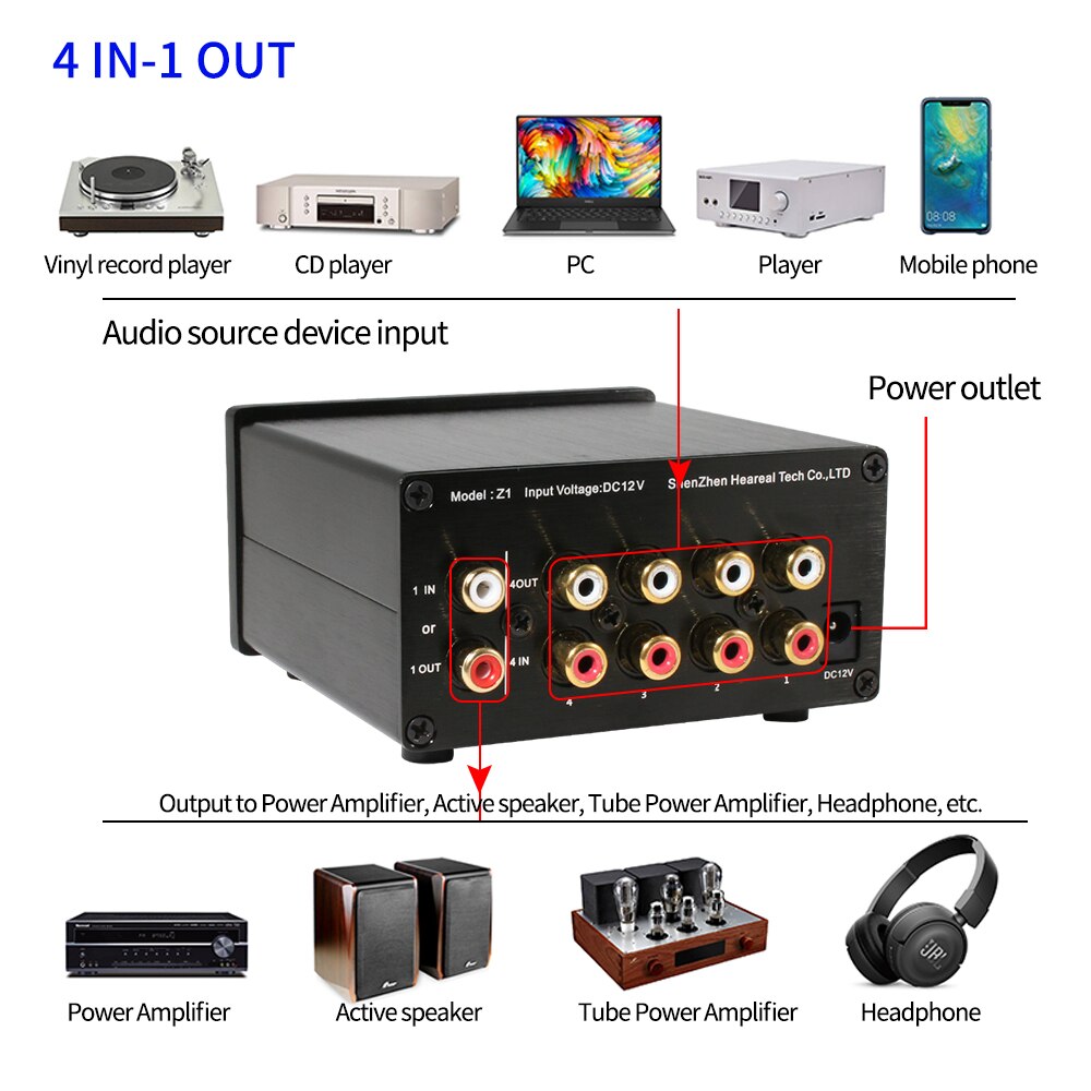 DLHiFi-conmutador de señal de Audio HiFi, interruptor Selector divisor para amplificador, 4 entradas, 1 salida/1 entrada, 4 salidas sin pérdidas, dos vías