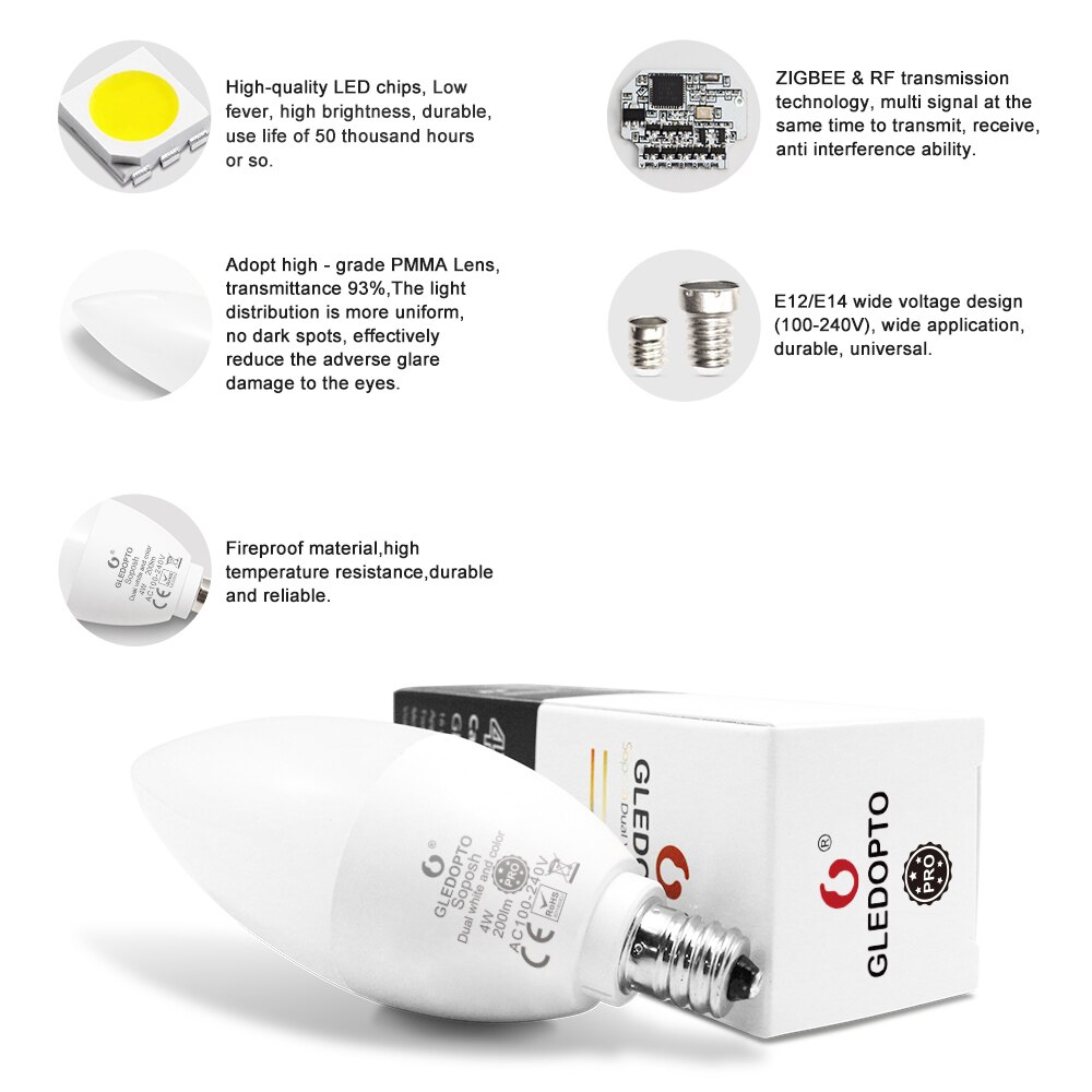 Zigbee 3.0 Smart Home Candle Bulb Pro 4W E12/E14 Work With Hub Tuya Smartthings App Alexa Echo Plus RF Remote Control