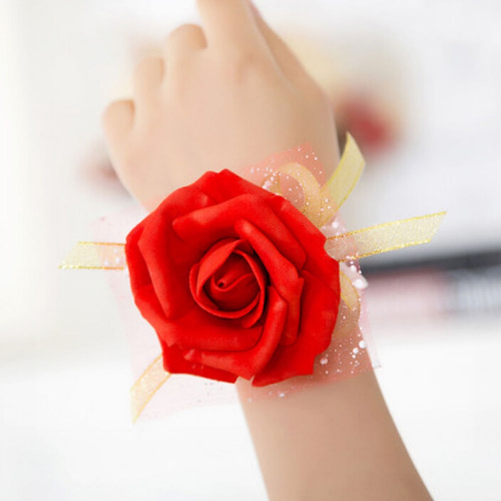1Pcs Wrist Flowers Wedding Supplies PE Artificial Rose Ribbon Flower Bride Bridesmaid Hand Flower Party Decoration