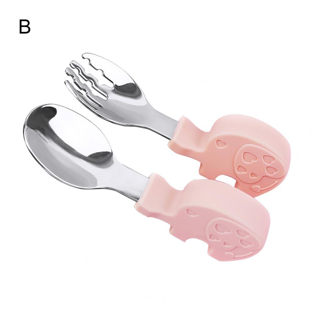 Leuke Walvis Olifant Vorm Handvat Roestvrij Staal Vork Lepel Kids Servies Set: Pink B