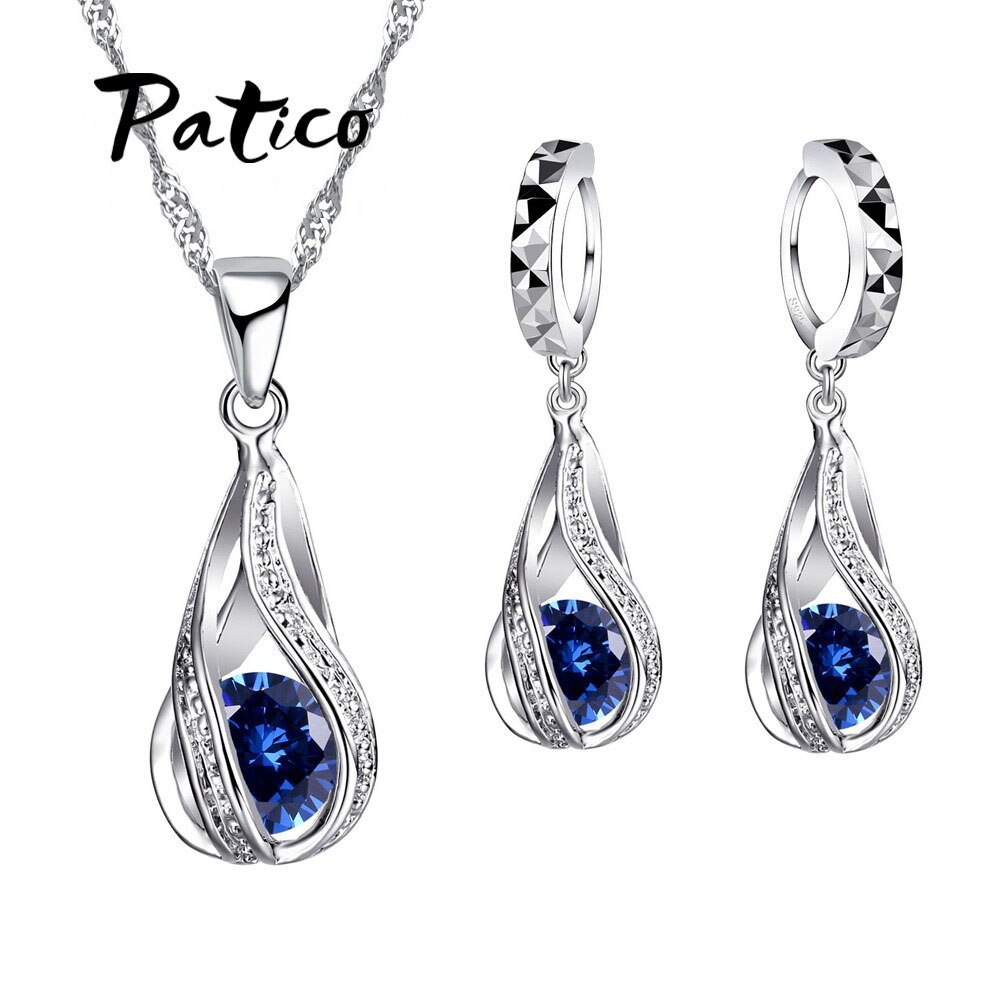 S925 Sterling Zilveren Sieraden Sets Voor Bruiloft Engagement Aaaa + Cz Zirconia Hanger Loops Hoepel Oorbellen Ketting Set: Blue