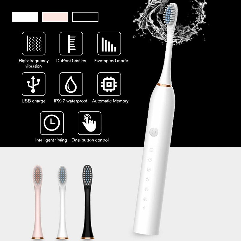 USB Rechargeable Toothbrush Electric 6 Modes Waterproof 4*Replacement Brush-heads Electric Tooth-brush
