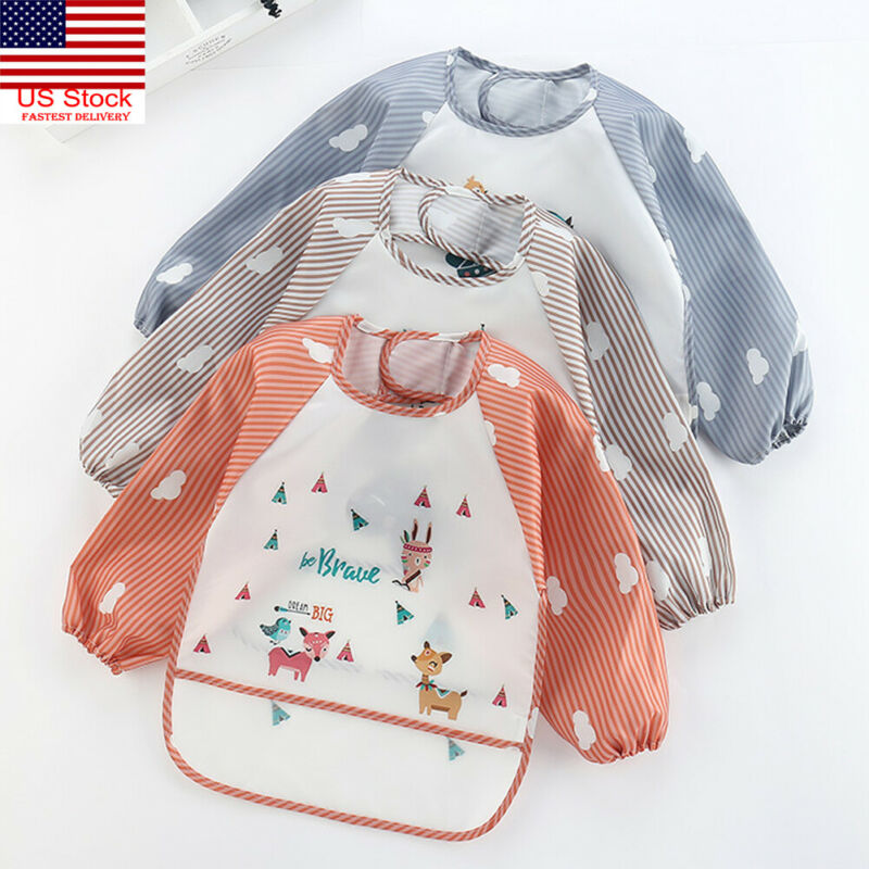 Cartoon Baby Child Feeding Bibs Toddler Long Sleeve Waterproof Apron Pocket Waterproof Cloths with Food Catcher