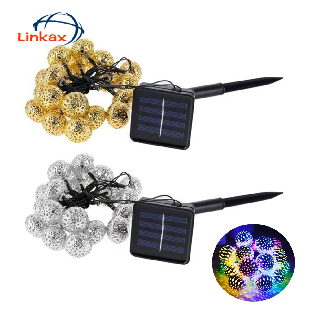 Solar LED Lights String Moroccan Ball Lantern Fairy Light Chain Waterproof String Lights Golden Silver Case Patio Garden Lamp