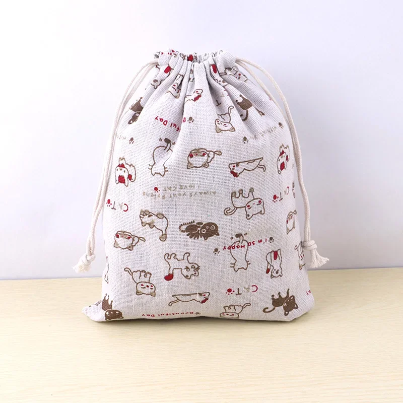 Bolsa de tela de lino y algodón, bolsa con cordón, estampado de plantas y animales bonitos, bolsa de almacenamiento de zapatos de tela de viaje para niños, estuche de maquillaje, bolsa de de Navidad: L / Rosa