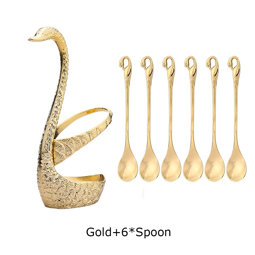 Base de cisne romántica, 7 piezas, vajilla de acero inoxidable para ensalada, postre, fruta, tenedores, cucharas de café, vajilla de cena, herramientas de cocina: Gold 6 Spoon