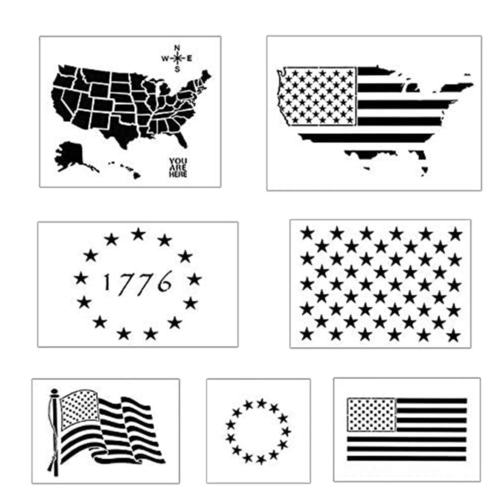 7PCS Plastic Stencil Template U.S 50 Star Maps Flags Star Stencils for Glass and Wall Art Graffiti Drawing Painting