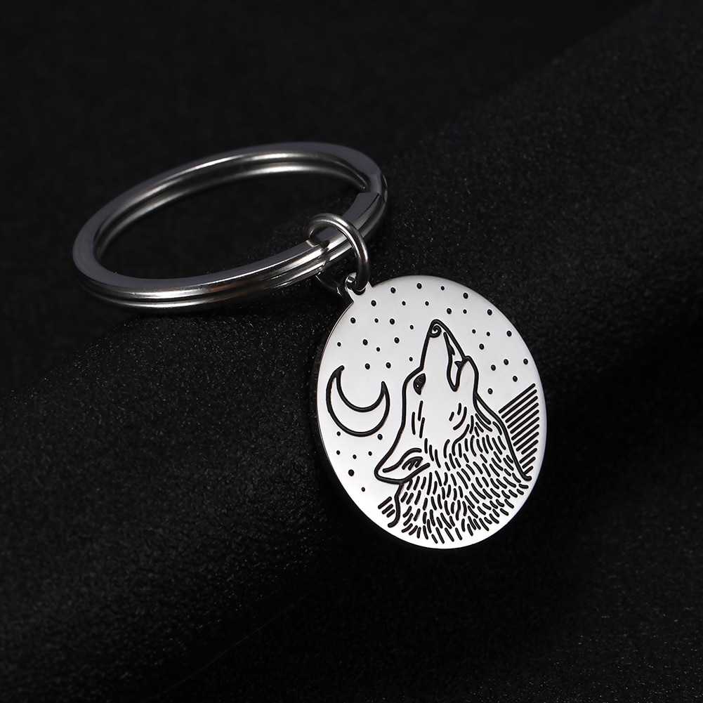 Skyrim-porte-clés rond à breloque Animal loup pour hommes et femmes, en acier inoxydable, porte-clés avec pendentif pour sac