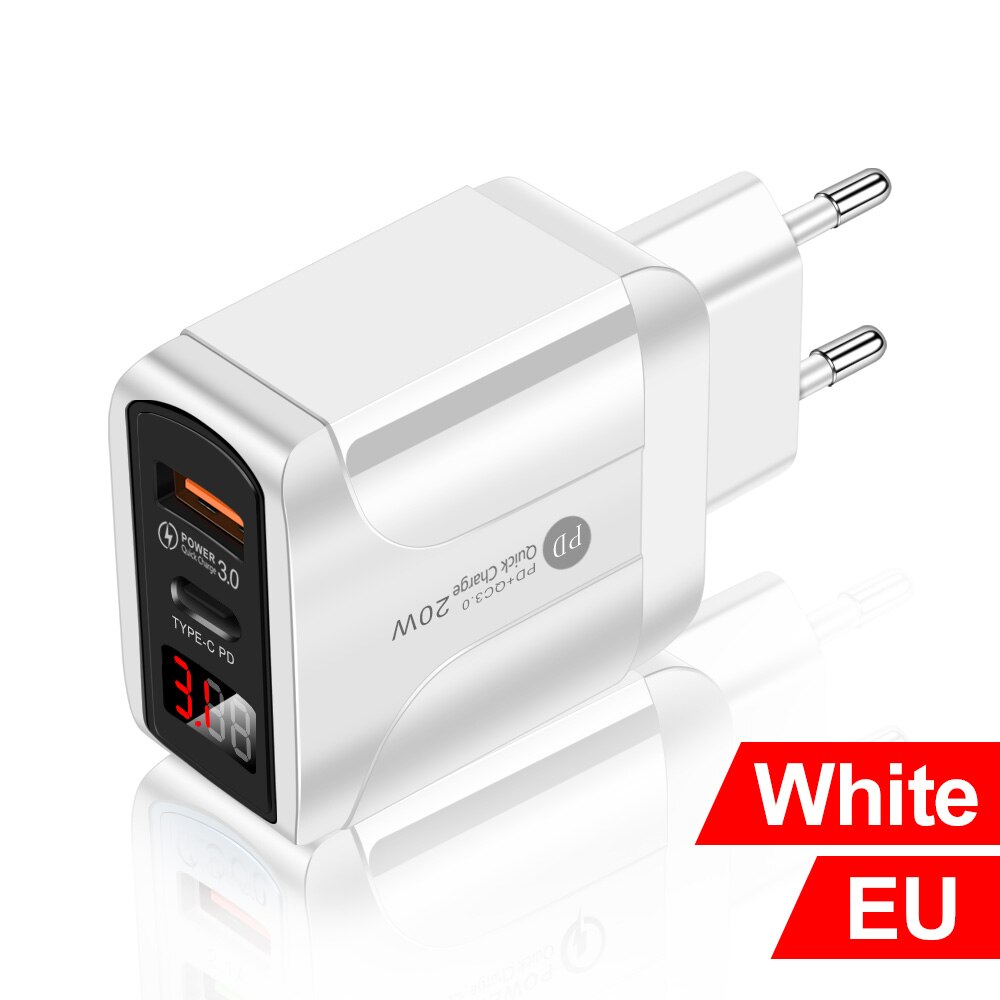 Quick Charge 3.0 Qc Dual Usb Pd USB-C Oplader Digitale Display Fast Charger Voor Iphone 12 7 Xiaomi Samsung Huawei muur Laders: EU White