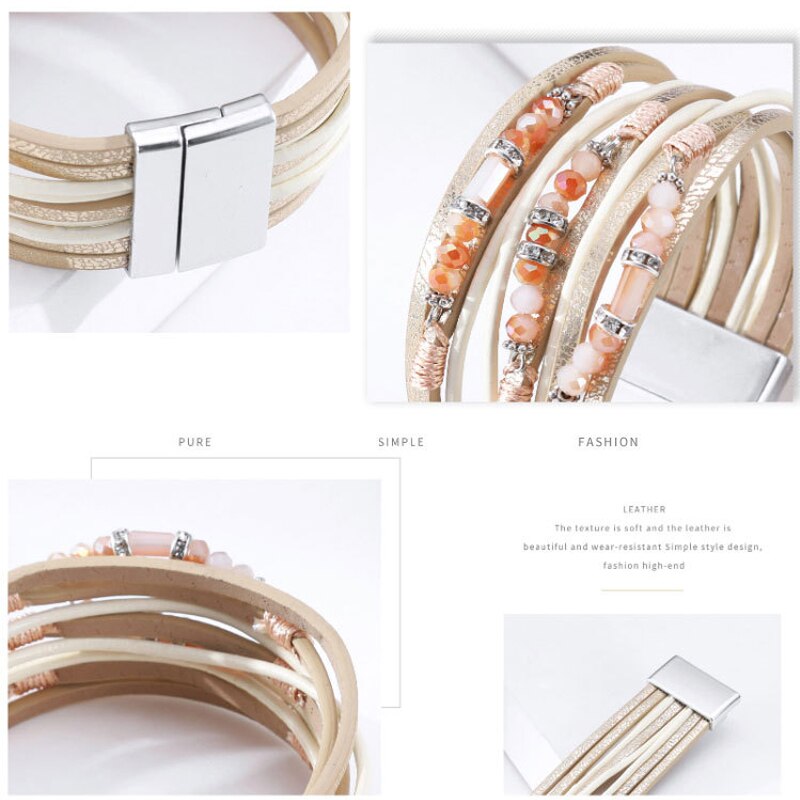 Amorcome Multi-layer Leren Armband Bohemian Bangle Met Magnetische Sluiting Kristal Kralen Wrap Manchet Armbanden Sieraden Voor Vrouwen