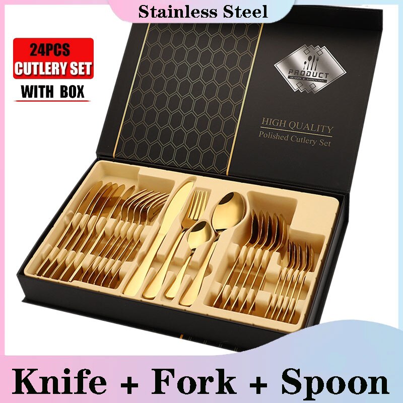 24pcs Gold Tableware Set Stainless Steel Knife Fork Spoon Dinnerware Box Cutlery Set Kitchen Flatware Tools Housewarming