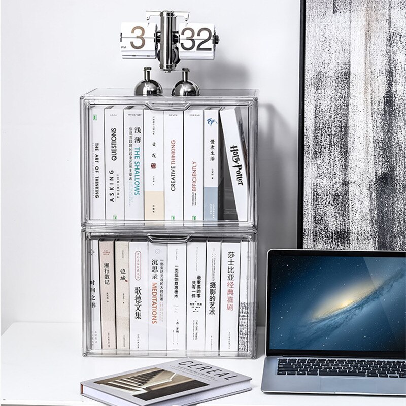 Desktop book organizer gennemsigtig støvtæt magasin opbevaringsboks fortykket plast reol kontor indretning bogreol vitrine